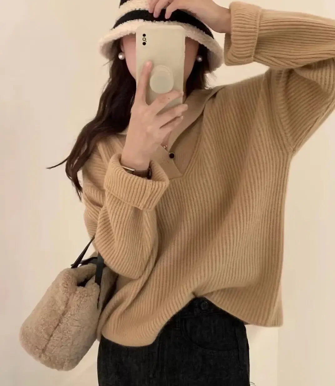 Lapel Raccoon Velvet Design Sense Sunken Stripe Sweater Women Autumn and Winter 2023 Popular New Lazy Gentle Knitted Top Thick voguable