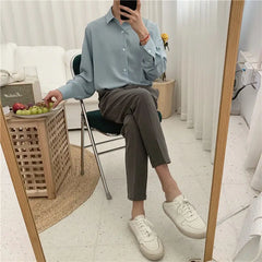 2023 Spring New Shirt Men Blue Simple Silk Shirt Long Sleeve Solid Color Loose Casual Fashion Designer Men Dress Shirt Blouses voguable