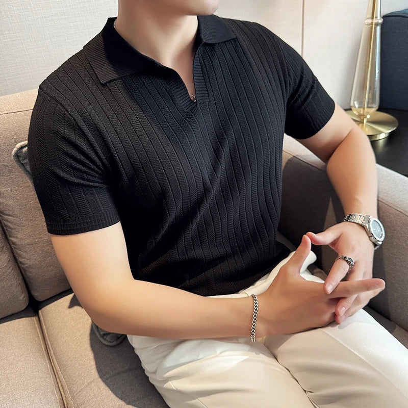 Men Striped Polo Shirt 2024 Summer Light Thin Breathable Solid Casual Elastic Slim Fit Short Sleeved V-neck T-shirt Men Clothing voguable