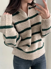 Large size Korean style lapel slimming contrast striped sweater women's winter long-sleeved loose pullover sweater y2k tops voguable