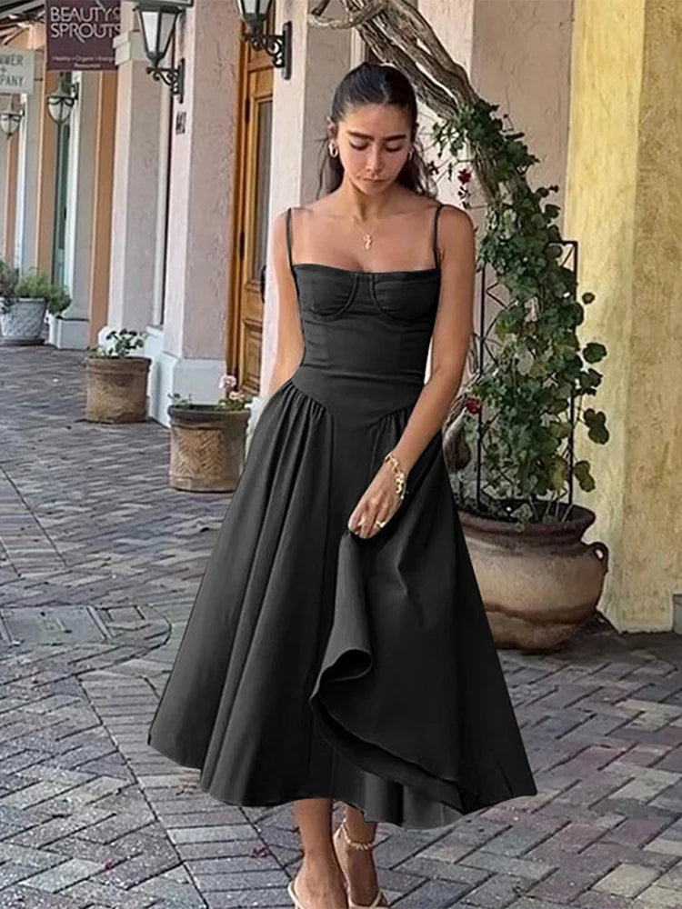 Sexy Solid Pleated Hem Sling Dress Women Fashion Midi Sleeveless Backless Dresses Female 2024 Summer Party Evening A-line Robes voguable