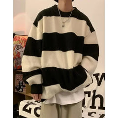 Korean style patchwork striped sweater for men in autumn and winter lazy loose knitted sweater round neck retro trendy sweater voguable