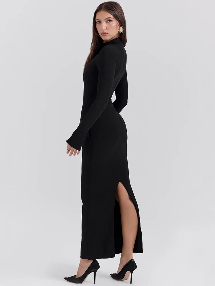 Mozision Black Long Sleeve Sexy Maxi Dress For Women Autumn Winter New O Neck Two Pocket Back Split Bodycon Long Dress Elegant voguable