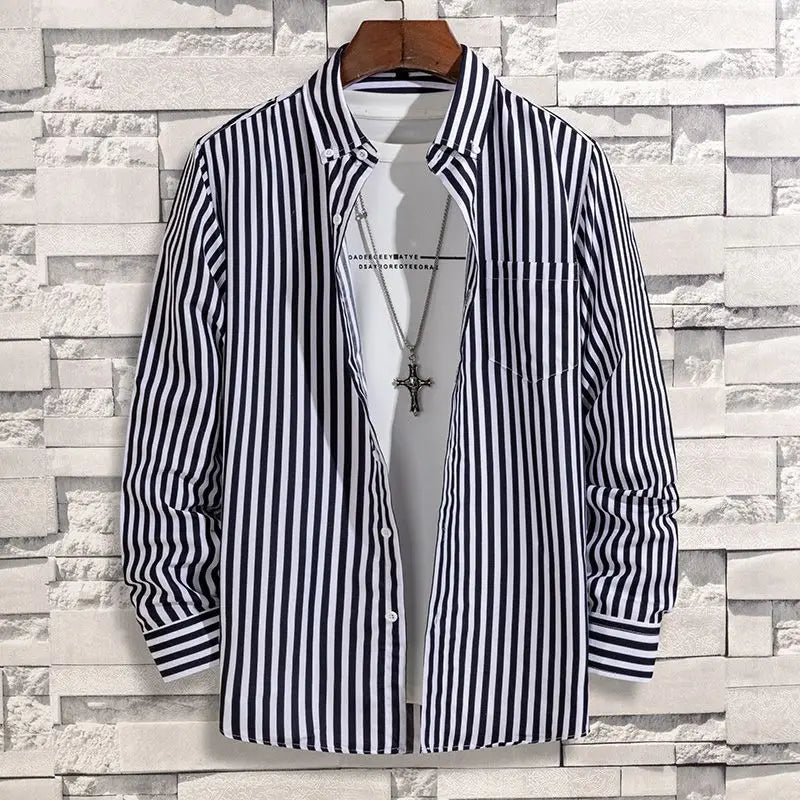 Spring Autumn New Fashion Striped POLO Collar Button Shirts Men's Clothing Long Sleeve Cardigan Korean Loose Trend Chic Blouses voguable