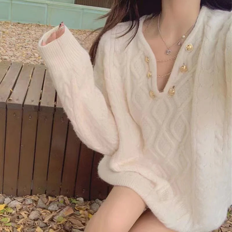 Voguable  Elegant Women Sweet Knitted Sweater Lazy Wind Loose Casual Jumpers Korean Female All Match Vintage Fall Winter Pullover voguable