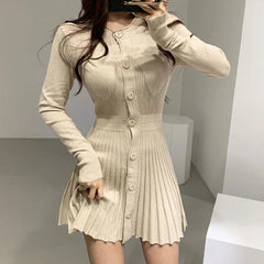 MEXZT Knitted Pleated Mini Dress Women Vintage Black Sweater Dresses Winter Korean Elegant Long Sleeve Pink Bodycon Vestidos New voguable