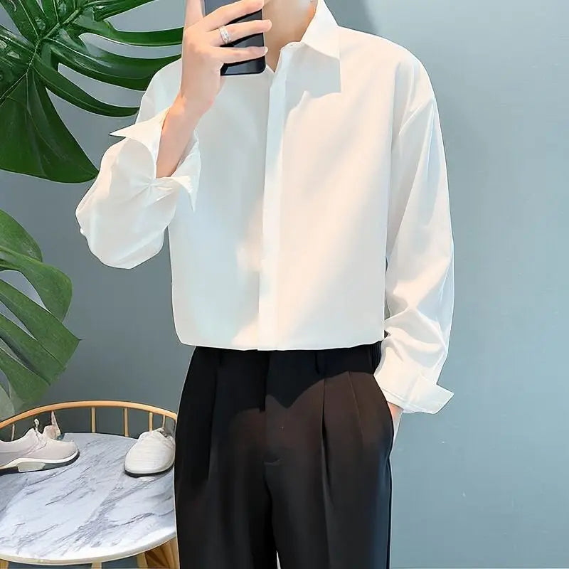 2024 High-end All-match Thin Ice Silk Shirts for Men Long Sleeve Hidden Buttons Loose Business Casual Luxury Drape White Shirt voguable