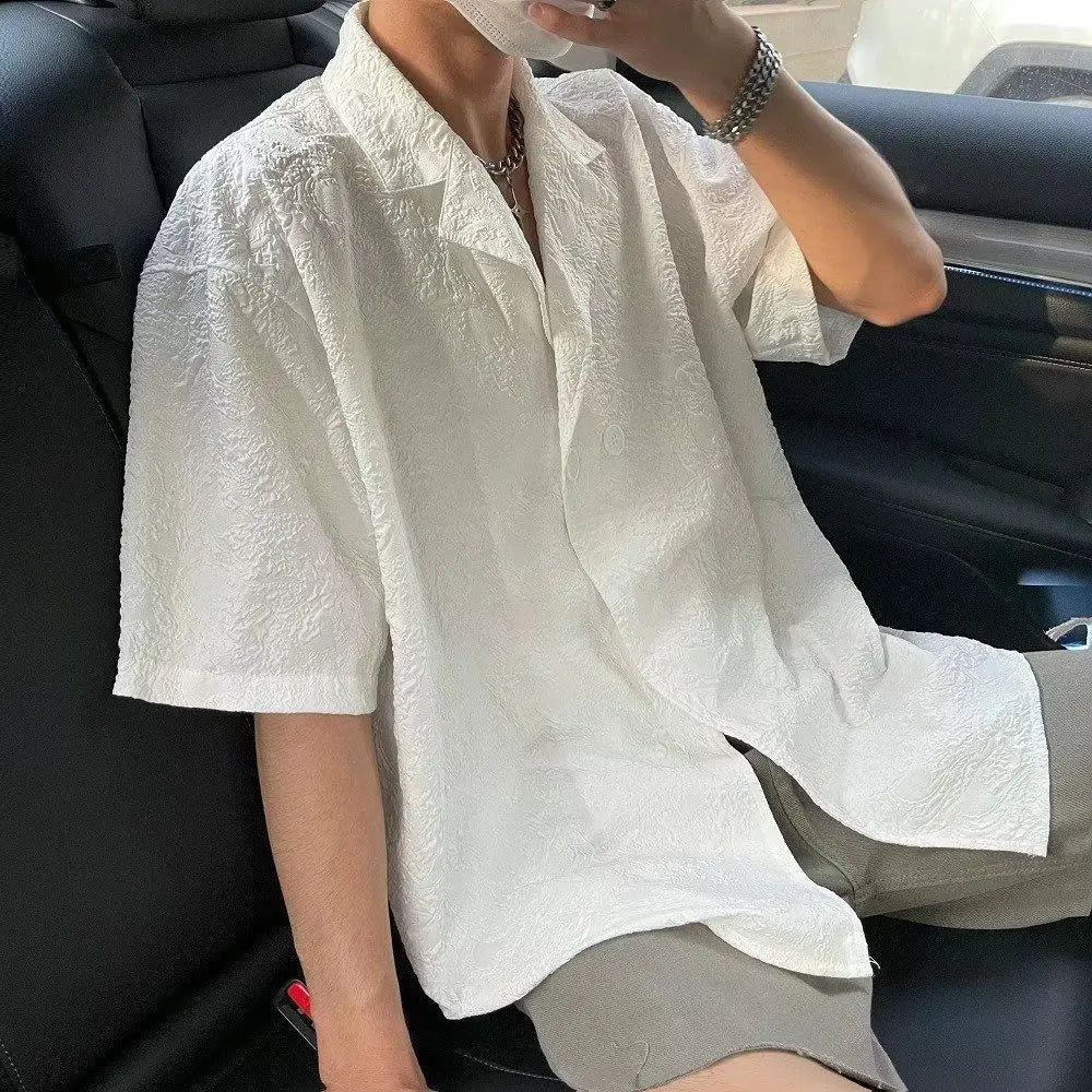 Niche Design Men Clothing Embossed Pattern White Shirt Men Summer Short Sleeve Cuban Collar Double Breasted Loose Shirts for Men voguable