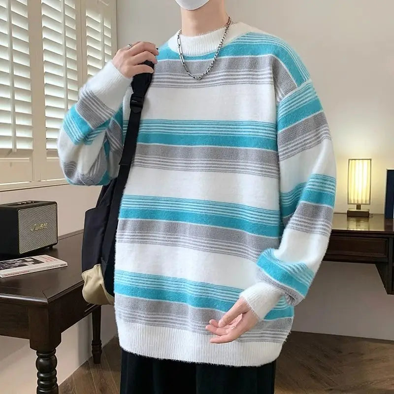 Autumn Winter New Fashion Round Neck Long Sleeve Striped Pullovers Men's Clothing Casual Loose Korean All-match Knitting Tops voguable