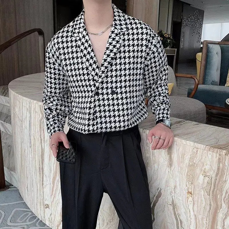 Korean Version Men Clothing Niche Design Fashion Houndstooth Shirts for Men Short Sleeve Suit Collar Loose Casual Hawaiian Shirt voguable