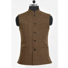 Men's Vest Brown Herringbone Wool Tweed Stand Collar Single Breasted Vintage Steampunk Waistcoat for Men Casual Wedding Vest voguable