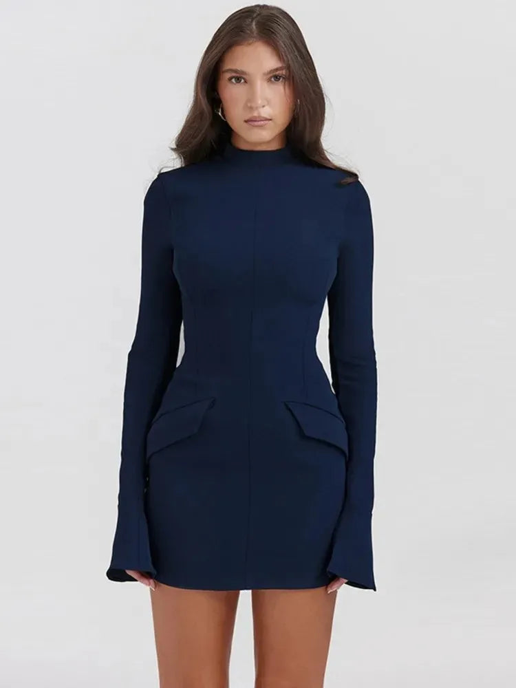 Elegant Dark Blue Solid High Waist Mini Dress Women Fashion Pocket decora Long Sleeve Bodycon Dresses  Chic Party Club Robes voguable