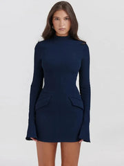 Elegant Dark Blue Solid High Waist Mini Dress Women Fashion Pocket decora Long Sleeve Bodycon Dresses  Chic Party Club Robes voguable