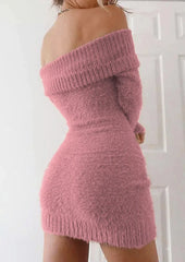 Sexy French Knitted Long Sleeve Pink Y2k Vintage Winter Clothes Slim Knitwear Vestido Off Shoulder Women Sweater Bodycon Dress voguable