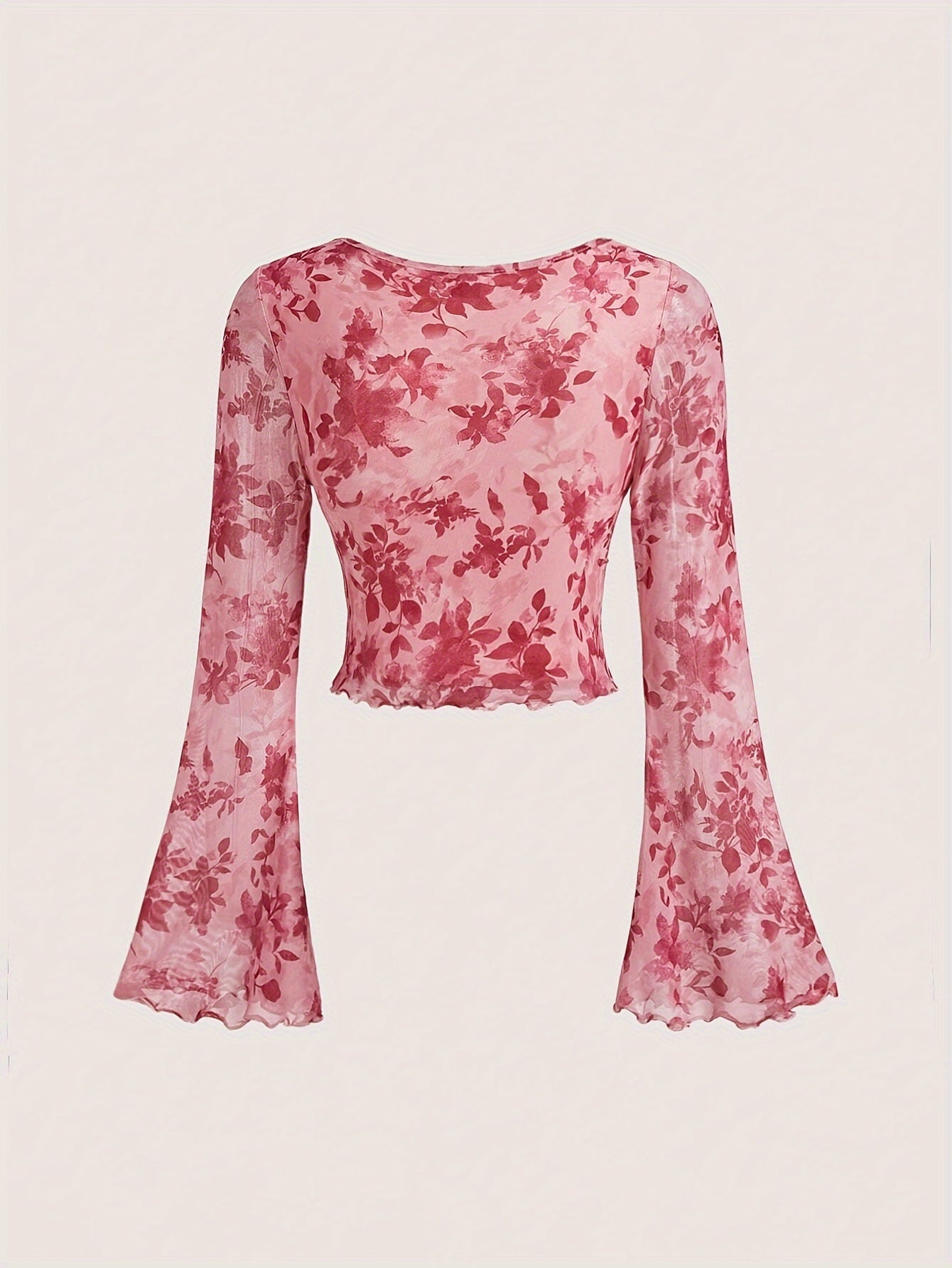 New Pink Chiffon French Horn Sleeve Tie Bow Top with Chic Sexy Floral Design Sense voguable