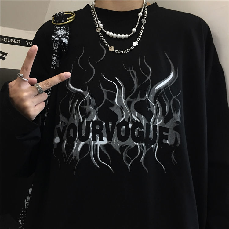 Voguable Long-sleeved T-shirt Male Top 2021 Autumn New Large Size Dark Graffiti Printing Trend Ins Student Loose Couple Bottoming Shirt voguable