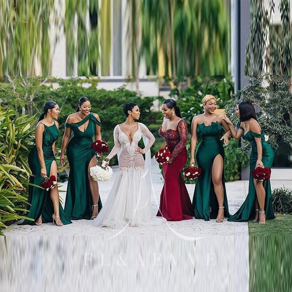 Green Satin Bridesmaid Dresses for Women 2022 Elegant Wedding Party Dress Mermaid Side Split Bridesmaids Woman Formal Gowns voguable