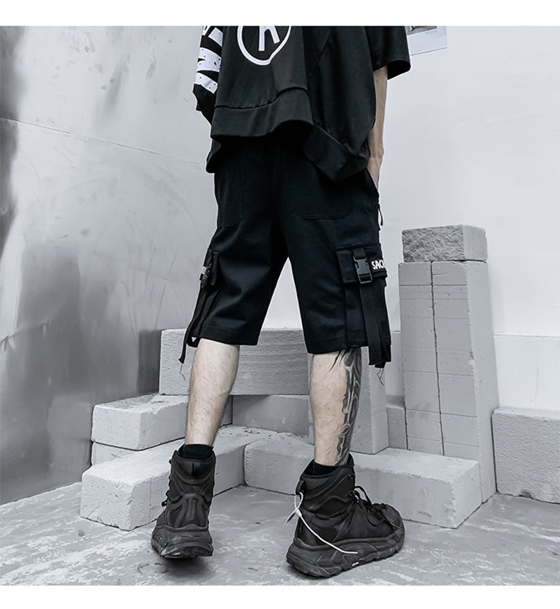 Voguable  Summer Shorts Cargo Pants Men Joggers Black Stylish Pocket Ribbons Japanese Fashion Streetwear Hip Hop Shorts Male Casual Pants voguable