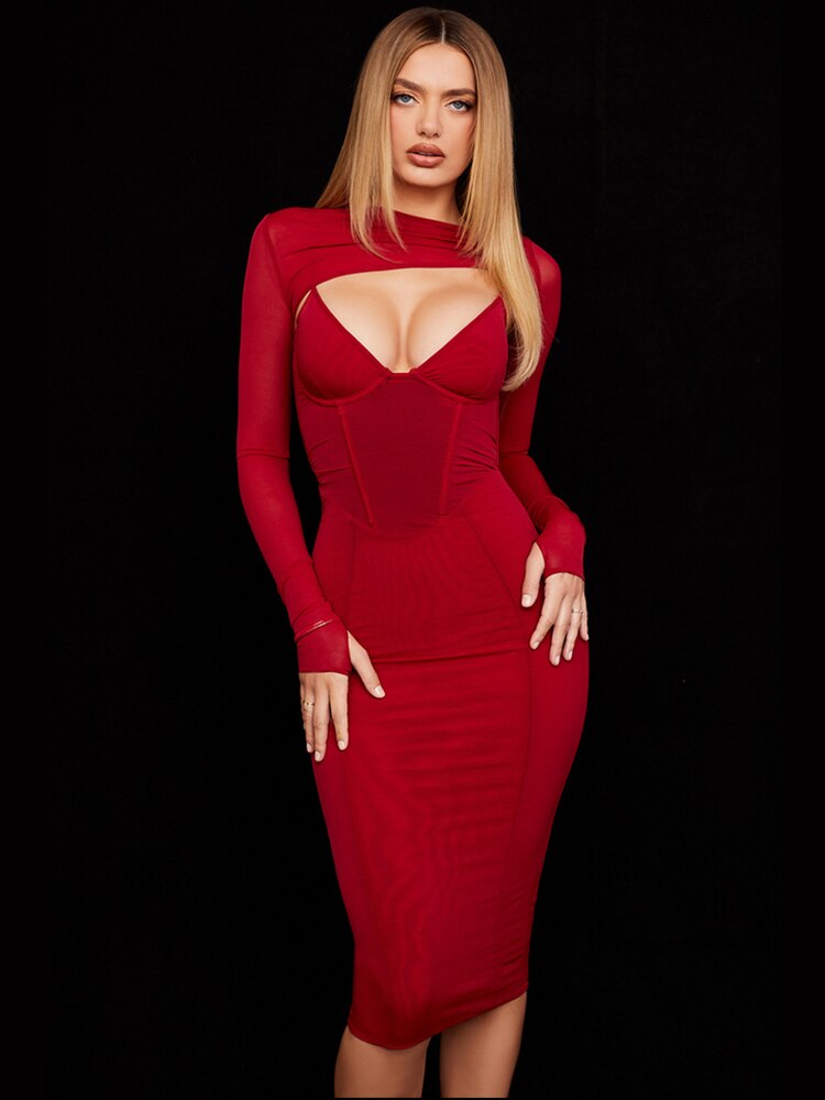 Long Sleeve Padded Corset Hollow Out Lined Wedding Guest Dress Holiday Party Outfit Women Bodycon Elegant Dress voguable