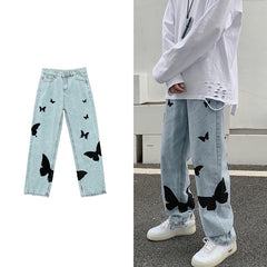 Voguable 2021 Butterfly print Jeans for Men Pants Loose Baggy Jeans Casual Denim Pants Stretch Straight Fashion Trousers women Clothing voguable