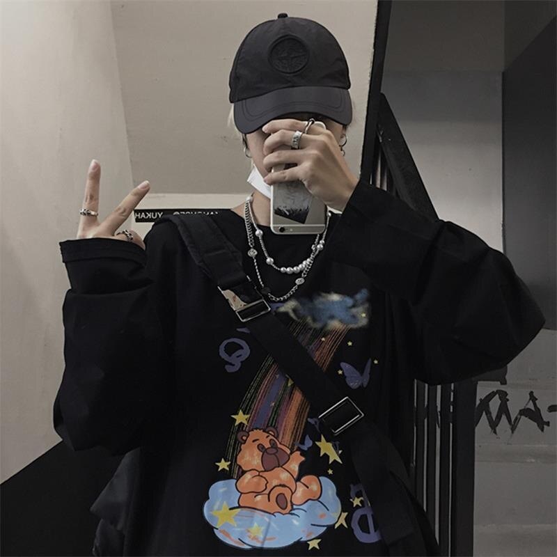 Voguable Long-sleeved T-shirt Male Top 2021 Autumn New Large Size Dark Graffiti Printing Trend Ins Student Loose Couple Bottoming Shirt voguable