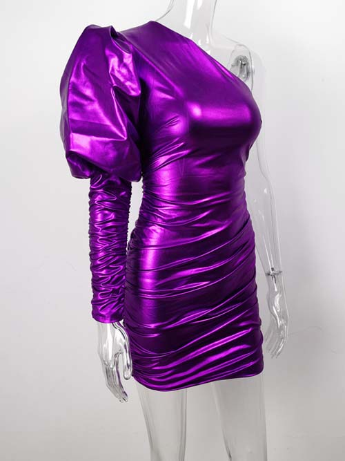 Women Sexy One Shoulder Puff Sleeve Mini Dress Fashion Metallic Ruched ...