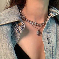 Voguable Retro Portrait Exaggerated Thick Chain Necklace Double Layer Cool Chain Hip Hop Necklace Short Clavicle Chain Accessories voguable