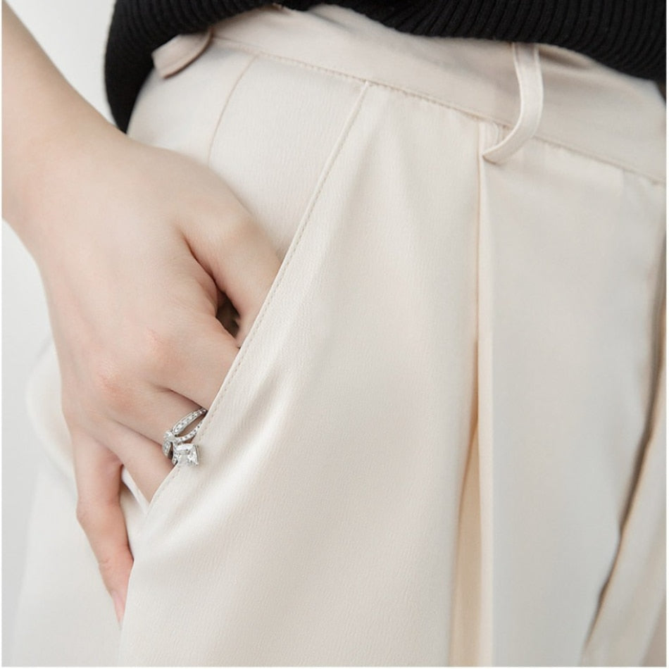 2022 Summer Autumn Silk Satin Women's Pants Loose Classic Black Straight High Waist Casual Korean Wide Leg Trousers for Women voguable