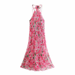 Foridol Sleevelss Halter Maxi Summer Dress for Women Sexy Backless Beach Pink Boho Robe Femme 2022 Lace Up Sundress Floral Dress voguable