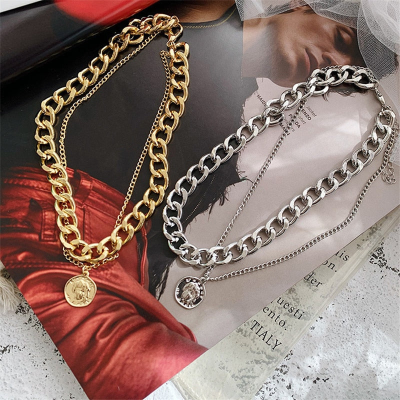 Voguable Retro Portrait Exaggerated Thick Chain Necklace Double Layer Cool Chain Hip Hop Necklace Short Clavicle Chain Accessories voguable