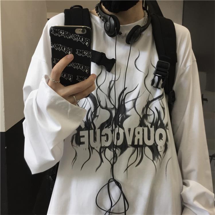 Voguable Long-sleeved T-shirt Male Top 2021 Autumn New Large Size Dark Graffiti Printing Trend Ins Student Loose Couple Bottoming Shirt voguable