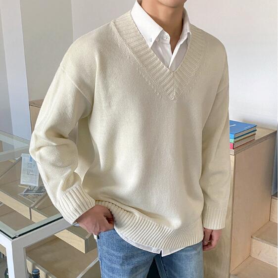 Voguable men's V-Neck Sweater Korean fashion Spring And Autumn loose  knitted thin outerwear clothes vingtage basic tops male 9Y4236 voguable