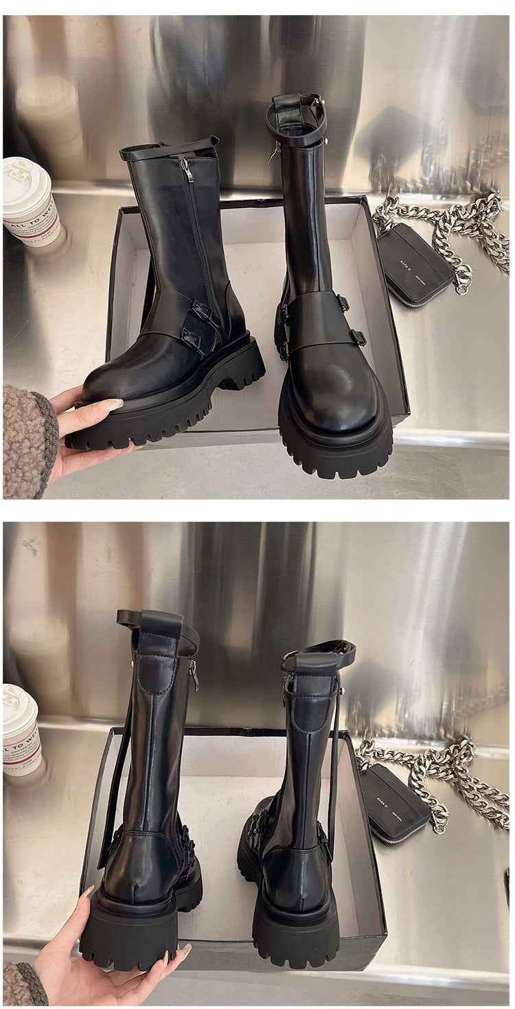 Women's Mid Calf Boots  Female Shoes Zipper Boots-Women Luxury Designer Round Toe Clogs Platform Ladies Autumn Med Rubber Leathe voguable