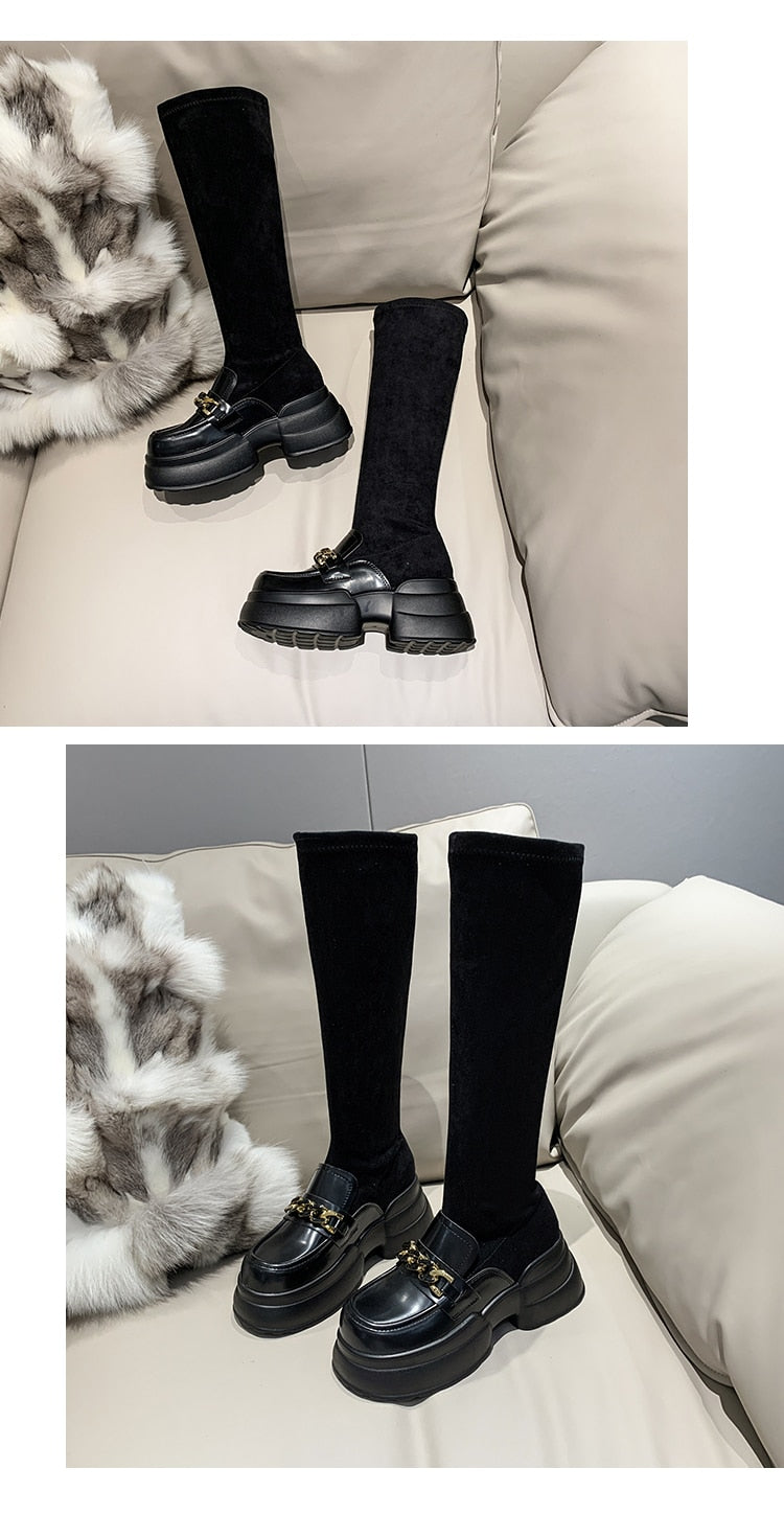 Rock Shoes Woman  Boots Sexy Thigh High Heels High Sexy Winter Footwear Boots-Women Round Toe Black Rubber Stiletto Lolita Over- voguable