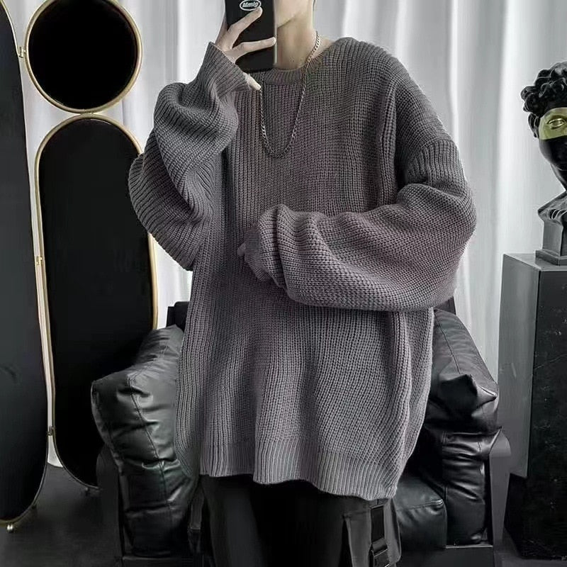 Voguable Men's Solid Color Sweaters Autumn Winter Korean Fashion O-Neck Loose Pullovers Couples Basic Warm Knitted Sweater Teens Jumpers voguable