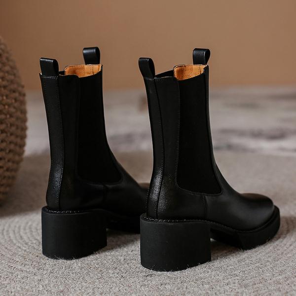 Winter Boots With Fur Boots-Women Autumn Shoes  Round Toe Chelsea Plush Med Mid Calf Ladies Mid-Calf Rubber High Heel voguable