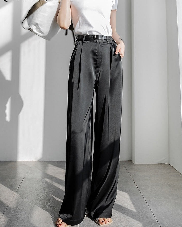 2022 Summer Autumn Silk Satin Women's Pants Loose Classic Black Straight High Waist Casual Korean Wide Leg Trousers for Women voguable