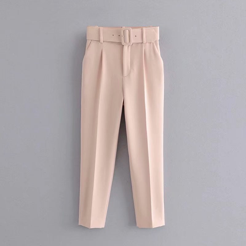 Voguable  Women's Pants High Waist With Belt Classic Pockets Office Lady Ankle Length Trousers Female 2022 Spring Fashion Pink Harem Pants voguable