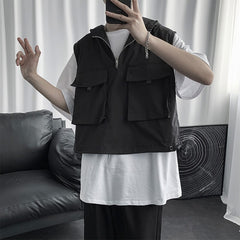 Vests Men Fashion Pockets Cargo Sleeveless Students Cropped Hooded Daily Clothing All-match Minimalist Harajuku Tactical Male voguable