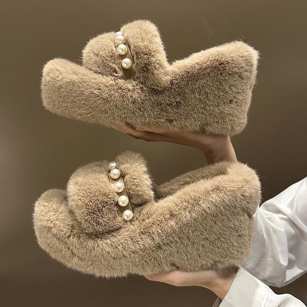 String Bead On A Wedge Shoes Woman's Slippers Luxury Slides Flock Platform Fur Flip Flops Heeled Mules  Designer Plush High voguable