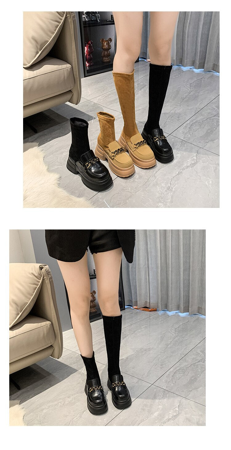 Rock Shoes Woman  Boots Sexy Thigh High Heels High Sexy Winter Footwear Boots-Women Round Toe Black Rubber Stiletto Lolita Over- voguable