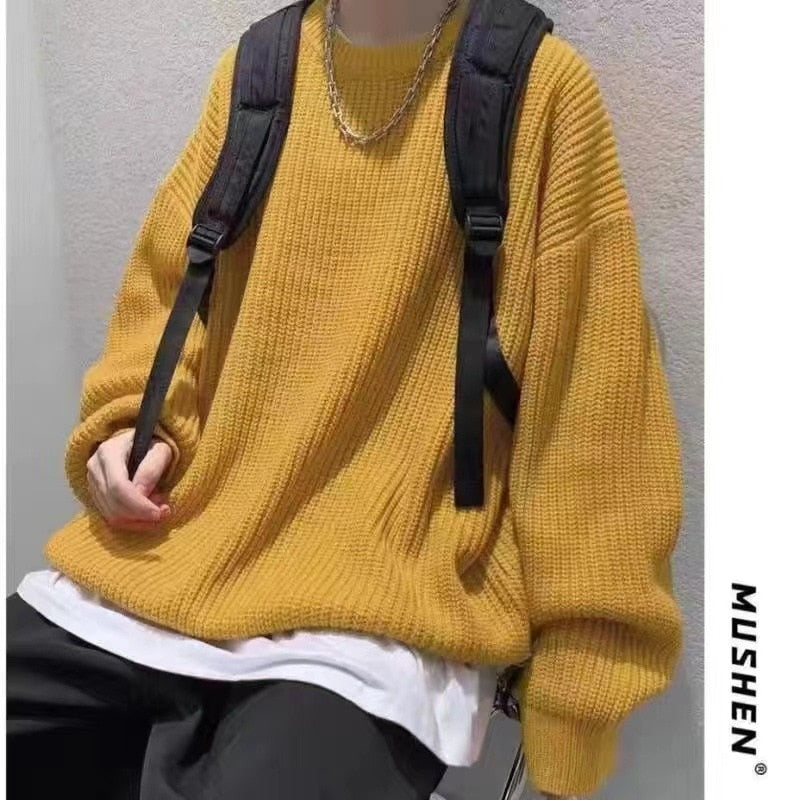 Voguable Men's Solid Color Sweaters Autumn Winter Korean Fashion O-Neck Loose Pullovers Couples Basic Warm Knitted Sweater Teens Jumpers voguable