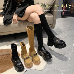 Rock Shoes Woman  Boots Sexy Thigh High Heels High Sexy Winter Footwear Boots-Women Round Toe Black Rubber Stiletto Lolita Over- voguable