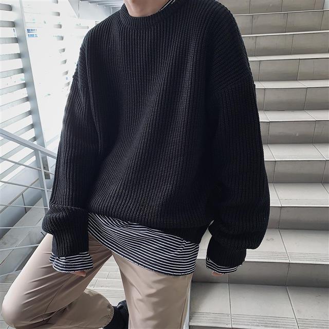 Voguable Men's Solid Color Sweaters Autumn Winter Korean Fashion O-Neck Loose Pullovers Couples Basic Warm Knitted Sweater Teens Jumpers voguable