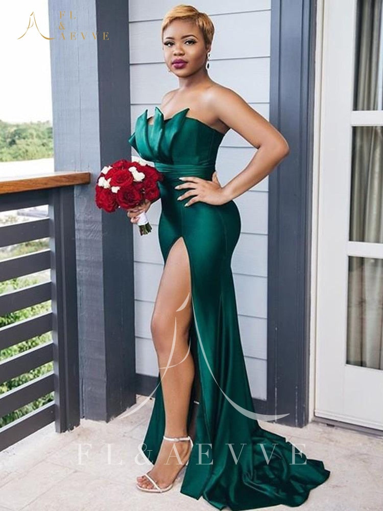 Green Satin Bridesmaid Dresses for Women 2022 Elegant Wedding Party Dress Mermaid Side Split Bridesmaids Woman Formal Gowns voguable