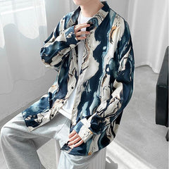 Long Sleeve Blue Shirts Men Summer Casual Design Print All-match Retro Harajuku Clothing Streetwear Рубашки Breathable Popular voguable