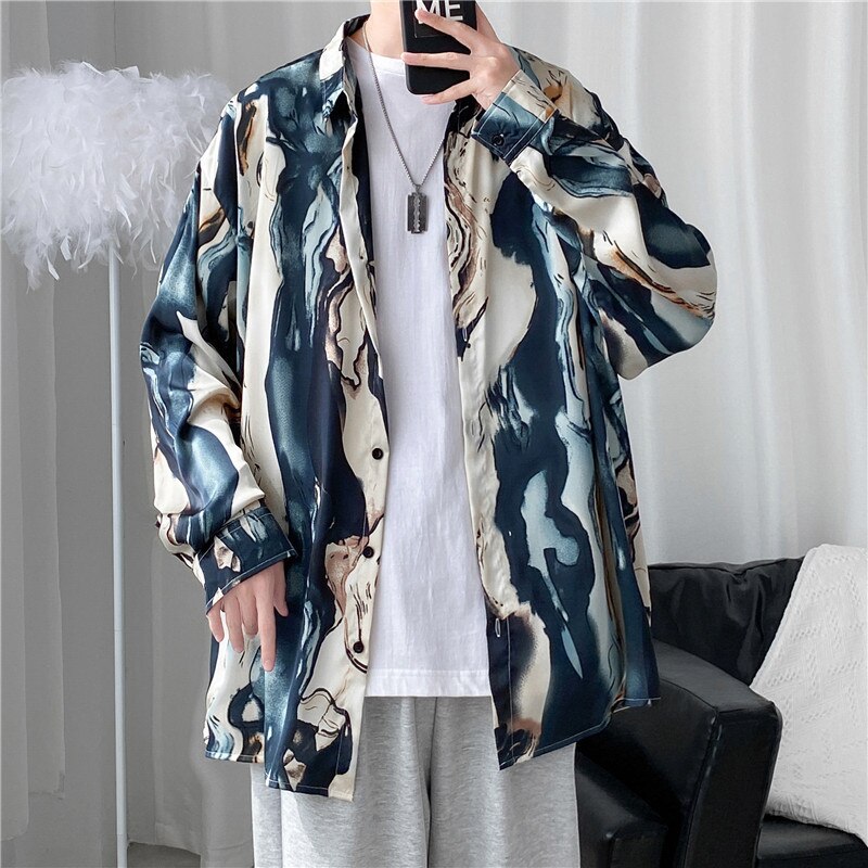 Long Sleeve Blue Shirts Men Summer Casual Design Print All-match Retro Harajuku Clothing Streetwear Рубашки Breathable Popular voguable