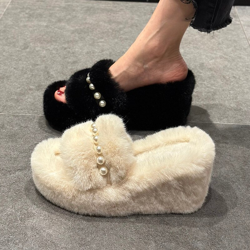 String Bead On A Wedge Shoes Woman's Slippers Luxury Slides Flock Platform Fur Flip Flops Heeled Mules  Designer Plush High voguable