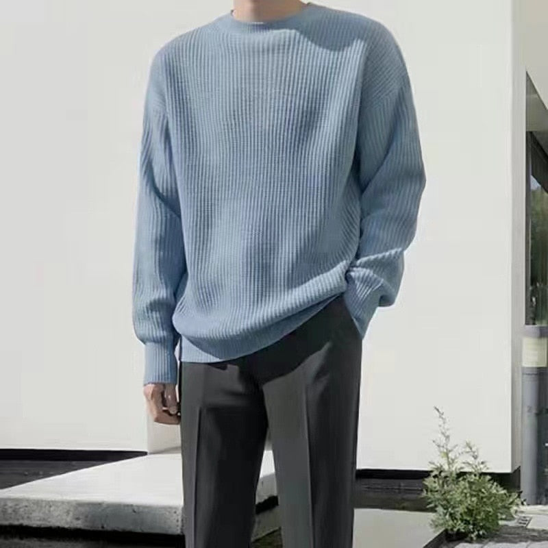 Voguable Men's Solid Color Sweaters Autumn Winter Korean Fashion O-Neck Loose Pullovers Couples Basic Warm Knitted Sweater Teens Jumpers voguable