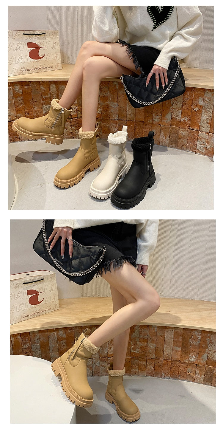 Lady Boots Brand Women's Shoes Flat Heel Zipper Round Toe Winter Footwear Fashion Lolita Padded Med Rock Rubber Leather Ankle voguable